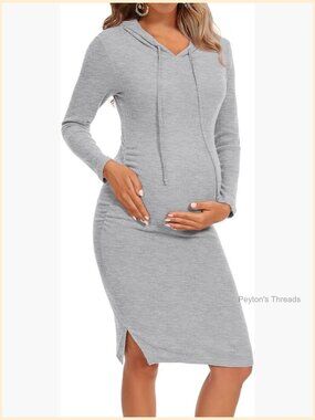 Maternity Sweater Dress - Long Sleeve Knit Hoodie Dress with Ruched Side